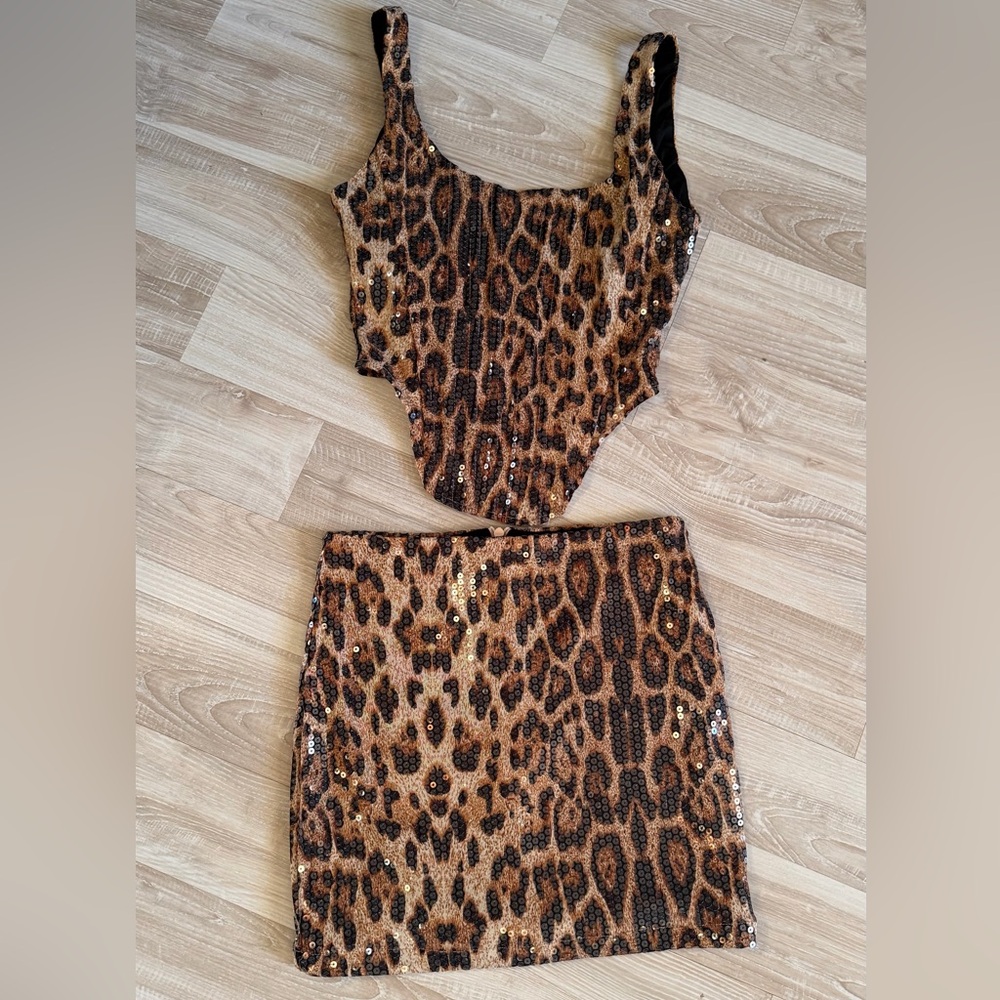 Leopard Sequin Pencil Skirt Set- Brown Animal Print